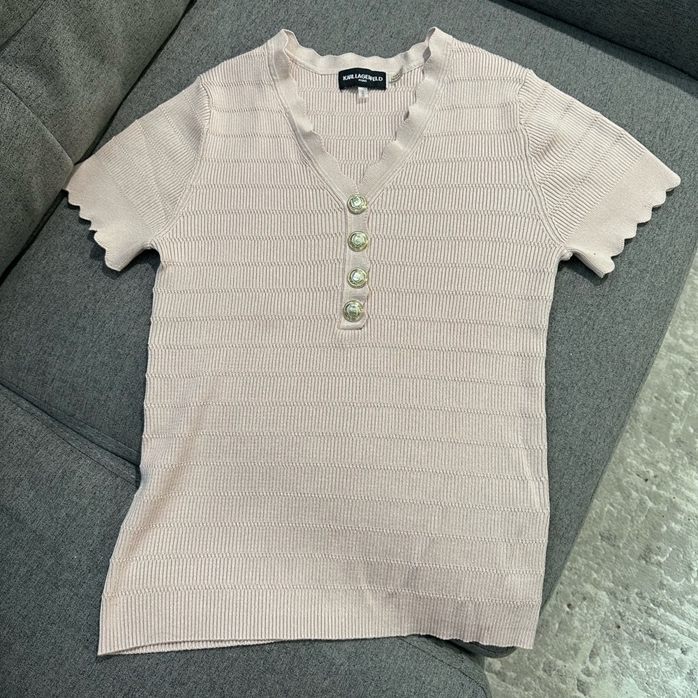 Karl Lagerfeld Beige Scalloped V-Neck Top